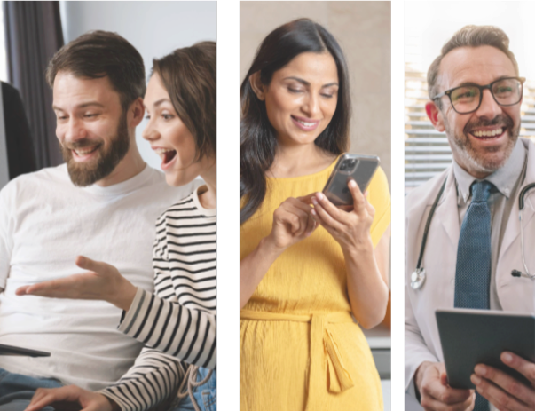 HeroImg Split image: a smiling couple looks at a laptop, a woman in a yellow dress uses her smartphone, and a cheerful doctor with a stethoscope holds a tablet—capturing vivid moments through modern imaging technology.