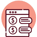 Icon of a webpage with two dollar signs and text bubbles, depicted in dark red lines on a light red circular background, representing online payments or financial transactions using imaging elements.