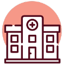 Simple line drawing of a hospital building with a cross symbol above the entrance, set against a peach-colored circle background—perfect for representing healthcare and imaging services.