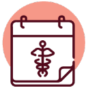 Icon of a calendar with a medical caduceus symbol in the center, highlighting imaging appointments, set against a pink circular background.