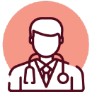 Icon of a doctor in a white coat with a stethoscope, shown in simple outline style on a pink circle. The undetailed face represents an imaging or medical professional in a generic, approachable way.