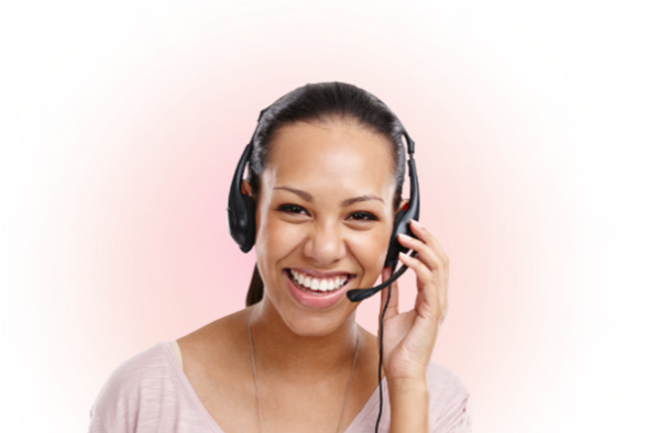 A smiling woman wearing a headset is speaking, possibly during a customer service call, against a soft pink background with a colorful, layered border effect.