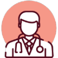 Icon1 Simple illustration of a doctor wearing a stethoscope, suit, and tie, with a round, peach-colored background. The figure is depicted in outline style, with no facial features shown.