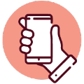 Icon2 A simple icon of a hand holding a smartphone, outlined in dark red, with a pink circular background.