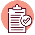 Icon4 Icon of a clipboard with horizontal lines representing text, placed in front of a pink circle. A check mark inside a circle is overlapping the lower right part of the clipboard.