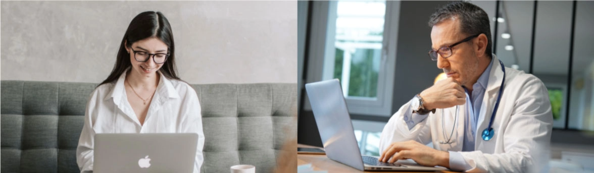 Photo Split-screen image showing a woman in glasses typing on a laptop at home on the left, and a man in a white coat with a stethoscope using a laptop in an office on the right.