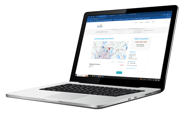 Colonoscopy_Employers_Assets_LaptopMockup A silver laptop displays a government website with a map, search bar, and contact information, including a phone number, against a white background. The screen shows search results for government offices.