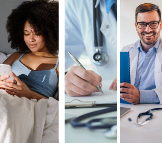 A split image shows a woman using her phone in bed, a close-up of a doctor writing on a clipboard, and a smiling male doctor holding a blue folder, with a stethoscope on the table.