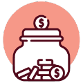 Icon4 A jar filled with coins and bills, with a coin featuring a dollar sign being dropped into it, set against a pink circular background.