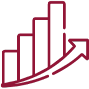 Icons-19 A maroon, stylized bar chart with four vertical bars of increasing height and an upward-curving arrow crossing over the bars, representing growth or progress.