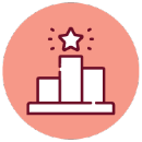 Icons A white podium with three levels, a star above the tallest center platform, outlined in dark red, on a pink circular background.