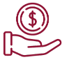 Icons-20 A maroon line drawing of an open hand with a dollar coin hovering above it, symbolizing receiving or giving money.