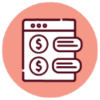Icons-24 Icon of a webpage with two dollar signs and three horizontal lines, representing financial transactions or online payments, enclosed in a circular salmon-colored background.