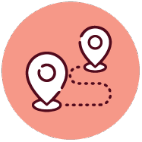 Icons-25 A pink circle with two white map location pins connected by a dashed line, symbolizing a route or journey.