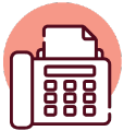 Icons1 A simple line drawing of a fax machine with a sheet of paper, set against a solid pink circle background.