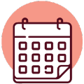 Icons2 Simple illustration of a calendar with a curled bottom-right corner, outlined in dark red against a light red circular background.