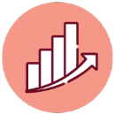 Icons2 A white bar chart with four ascending bars and an upward arrow, set against a pink circular background. The image suggests growth, progress, or increasing statistics.