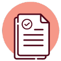 Icons3 Icon of two stacked documents with lines representing text and a checkmark in a circle at the top, set against a solid pink circular background.