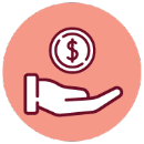 Icons3 A stylized icon of an open hand with a coin featuring a dollar sign above it, all in dark red on a pink circular background.