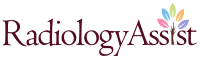 RadiologyAssist logo with the name in dark red text and a stylized leaf design in blue, green, purple, and yellow above the last letters.