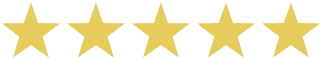 Five gold stars in a horizontal row on a transparent background, representing a five-star rating.